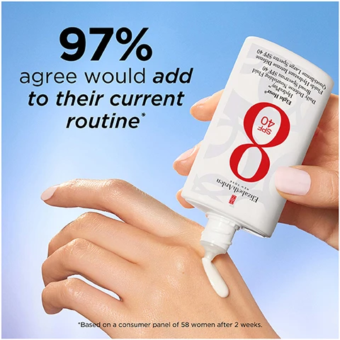 Image 1 - A hand is applying a lotion labeled SPF 40 onto the skin, with a light blue background that includes text stating that 97% agree would add to their current routine, based on a consumer panel of 58 women after 2 weeks.
Image 2 - A close-up image of a smooth, creamy substance on a blue background with text labels that read Non-sticky, Lightweight fluid, and No white cast.
Image 3 - Side-by-side comparison of a womans face showing skin before and immediately after using a product, with visible text that reads BEFORE on the left, IMMEDIATELY AFTER on the right, and 90% agree immediately skin texture is improved* at the bottom.
Image 4 - A white bottle of Elizabeth Arden Eight Hour Cream with a red cap sits on a light blue background, accompanied by icons and text listing eight benefits, including protects against UVA/UVB, boosts hydration, fights free radicals, shields blue light, no white cast, defends against pollution, fragrance-free, and non-comedogenic.
Image 5 - A woman with dark skin and short hair is applying a skincare product to her face, with a focus on her cheek; the image includes the text 95% agree formula feels lightweight, based on a consumer panel of 58 women after 2 weeks.
Image 6 - Image of a skincare product bottle with a red cap and white label showcasing text that states 95% agree skin feels more supple & looks radiant, along with the product name Elizabeth Arden and SPF 40 on the label, and a note indicating based on a consumer panel of 58 women after 2 weeks.
Image 7 - Image shows three circular sections containing skincare ingredients: a yellow oil, blue spheres, and a white cream or gel with a green sprout, labeled with text that reads BOTANICAL SHIELD detoxes, defends & protects, ANTIOXIDANTS soothe & defend, and SUGAR BEET EXTRACT strengthens skins moisture barrier.
Image 8 - Image shows three skincare products on a gradient background, with the first labeled CLEANSE & PREP, the second labeled HYDRATE, and the third labeled PROTECT WITH SPF, featuring the brand name Elizabeth Arden and the product names and numbers Eight Hour Hydrating Cream and Eight Hour Protection SPF 45.
Image 9 - Four skincare products from the Elizabeth Arden Eight Hour family are displayed against a blue background, with creamy product swatches nearby and a red seal indicating 190+ Beauty Awards Worldwide.