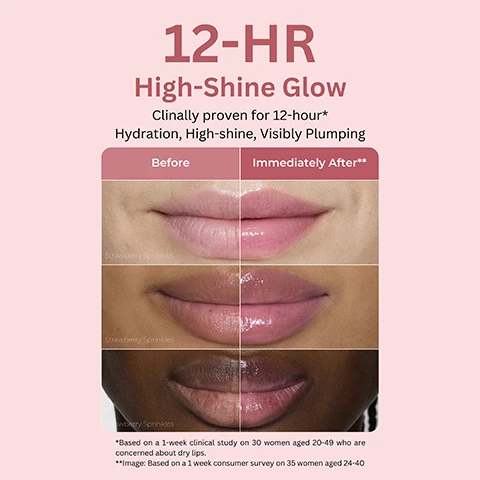 Image 1 - A comparison of two sets of lips, labeled Before and Immediately After, showcasing the effects of a lip treatment for 12-hour hydration, high shine, and visibly plumping; additional text notes the treatments clinical study based on women aged 20-49 and a consumer survey of women aged 24-40.
Image 2 - Image shows three key ingredients for a product with corresponding descriptions: Polypeptides with the text High-Efficacy Peptides for Lip Firmness, Pomegranate Seed Oil with the text Rich in Antioxidants, and Argan Ceramides with the text Reinforce skins moisture barrier, nourish, and soften lips prone to dryness.
Image 3 - Image of six swatches of lip colors inspired by donuts, with color names displayed below each swatch: Sugar Glaze, Strawberry Sprinkles, Peach Glaze, Chocolate Frosting, Cinnamon Sugar, and Blueberry Jelly.
Image 4 - A stack of five lip serum tubes in various shades, against a pink background, with the text IRRESISTIBLE GLAZED LIPS SERUM-INFUSED COLOR AND SHINE and LANEIGE GLAZE CRAZE TINTED LIP SERUM.