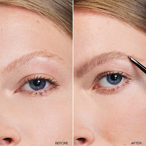A split image shows a persons eye and eyebrow before and after makeup application, with the left side showing a natural, lighter eyebrow and the right side showing a fuller, darker eyebrow with a makeup tool, labeled BEFORE AFTER.