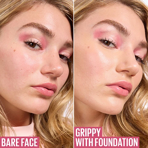 Image 1 - A young woman with wavy blonde hair is shown in a split image; on the left, she has a natural, bare face with minimal makeup, and on the right, she has makeup applied with foundation, appearing slightly glossier, accompanied by the text BARE FACE on the left and GRIPPY WITH FOUNDATION on the right.
Image 2 - A pink serum bottle labeled as Maybelline Grippy Serum is displayed against a blurred background, with pink ribbons around it that read 2-IN-1 SERUM TO PRIMER FORMULA 24H MAKEUP GRIP and 2% NIACINAMIDE.
Image 3 - Image shows a series of three close-up images of a young woman demonstrating a makeup application process using a serum, featuring the steps: 1 DRIP - Easy-to-use serum dropper, 2 GLIDE - Blend evenly & let dry for 20s, 3 GRIP - Apply makeup for up to 24h.
Image 4 - A woman with curly hair is looking directly at the camera, showcasing a glowing skin appearance, with visible text that reads Formula with 2% Niacinamide Plumped Skin Look.
Image 5 - A woman with a radiant smile holds a pink serum bottle close to her face while showcasing her makeup, which includes pink eyeshadow, and the text below reads 97% AGREE MAKEUP LOCKS IN ALL-DAY.
Image 6 - Two pink serums with dropper tops are positioned against a gradient background, accompanied by bullet points stating NO WHITE CAST, DOES NOT PILL, and NON-COMEDOGENIC, with the text ULTRA-BLENDABLE SERUM TO GRIP FORMULA at the top.
Image 7 - A close-up portrait of a woman with curly hair and pink eyeshadow, posing with her hands near her face while wearing a sheer top with a floral pattern.