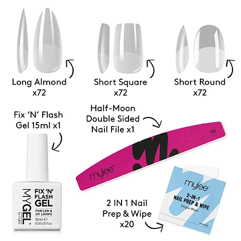 Image 1 - An image shows nail extension products including clear nails labelled Long Almond x72 Short Square x72 and Short Round x72 a bottle labelled Fix N Flash Gel 15ml x1 a nail file labelled Half-Moon Double Sided Nail File x1 and a packet labelled 2 IN 1 Nail Prep & Wipe x20.
Image 2 - A hand demonstrates clear nail tips with text annotations listing features: SOAK-OFF Quick and easy removal by soaking in gel remover or acetone, GEL EXTENSIONS A super quick way to get gorgeous gel extensions, GEL TIPS Lightweight and flexible tips that can be adhered with gel, not super-glue, PRE-BUFFED No need to buff the tip before application, meaning quick application, LED AND UV CURABLE Can be used with your existing Mylee lamp, THIN AND FLEXIBLE Comfortable to wear and less likely to break or snap, PRE-SHAPED These tips are already shaped perfectly for you.