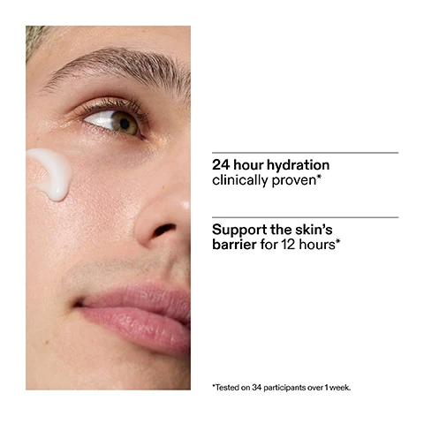 Image 1 - Close-up of a persons face with a dollop of white cream on their cheek, next to text that reads: 24 hour hydration clinically proven*, Support the skins barrier for 12 hours*, *Tested on 34 participants over 1 week. Image 2 - A young man dispenses white cream from a pump bottle onto his fingers, with the text Why we love it, Leaves skin soft and hydrated, Removes makeup, SPF and impurities, Gentle cream-to-milk texture, suitable for sensitive skin. Image 3 - A white liquid splashes in a crown shape on a white background with text Why it works, 5% Rice Milk, SOFTENS THE SKIN AND SUPPORTS THE SKIN BARRIER, Hyaluronic Acid, DELIVERS 24 HOUR LASTING HYDRATION. Image 4 - A persons hand holds a white bottle of cleanser with white liquid splashing around it, displaying instructions How to use: USE AM + PM, RASPBERRY-SIZED AMOUNT, MASSAGE INTO DRY SKIN, THEN EMULSIFY WITH WARM WATER AND RINSE WELL, USE ALONE, OR THE SECOND STEP IN A DOUBLE-CLEANSE ROUTINE, and the product label reads HYDRATING CREAM-TO-MILK CLEANSER, Transforming daily cleanser to gently remove makeup and impurities, 8.1 US fl.oz / 240ml e, from THE INKEY LIST. Image 5 - A white background with subtle wavy textures displays a guide titled How to layer your routine, followed by a numbered list: 1 CLEANSE, 2 HYDRATE, 3 TREAT, 4 MOISTURISE, 5 SPF.