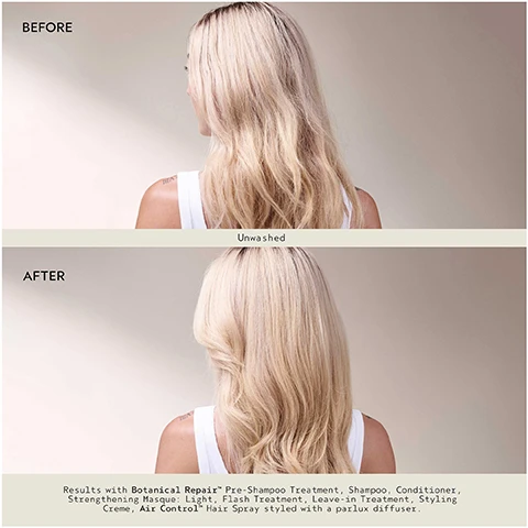 Image 1 - Image shows two side-by-side comparisons of a womans hair labeled Before and After; the Before section shows dry, unwashed hair while the After section displays styled, shiny hair. Visible text reads: Results with Botanical Repair Pre-Shampoo Treatment, Shampoo, Conditioner, Strengthening Masque, Light, Flash Treatment, Leave-in Treatment, Styling Crème, Air Control Hair Spray styled with a parlux diffuser.
Image 2 - A green bottle of Avedas botanical repair bond-building pre-shampoo treatment is surrounded by leaves, with text indicating it provides 3X stronger hair in 1 use and featuring the phrases laboratory testing on tresses v. non-conditioning shampoo and traitement pré-shampooing réparateur renforce et protège.
Image 3 - An abstract image featuring green leaves and droplets of water with the text REPAIRS IN 1, 2, 3 TRIPLE ACTION STRENGTHENING TECHNOLOGY Harnesses the power of plants to build bonds while strengthening and repairing the 3 key layers of hair: the cortex, cuticle, and f-layer.
Image 4 - Image shows a woman with shoulder-length, curly hair viewed from the back; the upper section labeled Before shows her hair in an unstyled state, while the lower section labeled After shows her hair styled with defined curls, along with text detailing the products used for the transformation: Results with Botanical Repair, Pre-Shampoo Treatment, Shampoo, Conditioner, Strengthening Masque, Light, Flash Treatment, Leave-in Treatment, Overnight Serum, Invati Ultra Advanced Thickening Foam, Air Control Hair Spray, styled with a palux diffuser.
Image 5 - Image shows a product display for a hair care line featuring three sections labeled PRE-CLEANSE, CLEANSE & CONDITION, and TREAT, with descriptions of various products including Botanical Repair Bond-Building Pre-Shampoo Treatment, Strengthening Shampoo, Strengthening Conditioner, Intensive Strengthening Masque Light & Rich, Strengthening Leave-In Treatment, and Strengthening Overnight Serum.