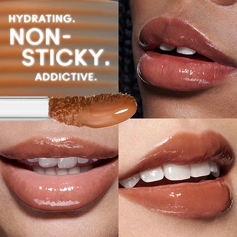 Image 1 - Image shows a close-up view of lips coated with a glossy lip product, including a lip applicator with product, alongside three different sets of lips showcasing a shiny finish; visible text includes HYDRATING. NON-STICKY. ADDICTIVE.
Image 2 - An image of a MAC Lipglass product with a clear tube and a soft applicator, surrounded by ingredients like jojoba seed oil, meadowfoam seed oil, and coconut oil, with text stating MADE WITH A 7% BLEND OF PURE BOTANICALS and labels for the oils.
