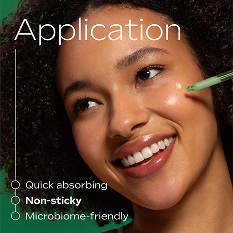Image 1 - A smiling woman has a drop of serum applied to her cheek by a green dropper, with text that reads Application, Quick absorbing, Non-sticky, Microbiome-friendly. Image 2 - A green dropper bottle of Weleda Skin Food Super Serum is displayed on a dark green background, with text that reads 100% Natural origin ingredients, New, WELEDA, Skin Food, Super Serum, Super Sérum, Certified Natural Personal Care, Cosmétiques Naturels Certifiés, 1.0 FL OZ | 30mL. Image 3 - The image titled Routine displays a three-step Weleda Skin Food regimen, featuring a green tube as 1 Cleanse: Weleda Skin Food Face Care Nourishing Cleansing Balm, followed by two green bottles as 2 Boost: Weleda Skin Food Glow Serum Drops and Weleda Skin Food Super Serum, and concluding with two green jars as 3 Care: Weleda Skin Food Face Care Nourishing Day Cream and Weleda Skin Food Face Care Nourishing Night Cream. Image 4 - A large green liquid drop with bubbles and a rosemary sprig inside is shown against a dark green background, with the text Skin Food Phyto Infusion, with extracts of pansy, chamomile, calendula & rosemary, Hyaluronic acid hydrates the skin, Ceramides strengthen the skin barrier.
