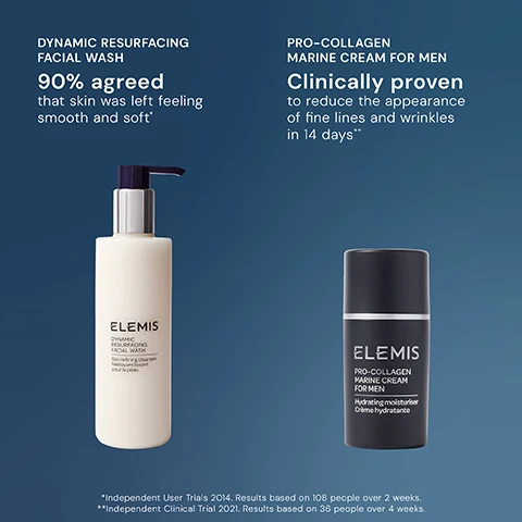Image 4 - The image displays a white pump bottle labeled Elemis Dynamic Resurfacing Facial Wash, Skin refining cleanser, Nettoyant lissant pour la peau, and a black jar labeled Elemis Pro-Collagen Marine Cream For Men, Hydrating moisturiser, Crème hydratante, against a blue background, accompanied by text: Dynamic Resurfacing Facial Wash, 90% agreed that skin was left feeling smooth and soft*; and Pro-Collagan Marine Cream For Men, Clinically proven to reduce the appearance of fine lines and wrinkles in 14 days**; with footnotes: *Independent User Trials 2014. Results based on 108 people over 2 weeks. **Independent Clinical Trial 2021. Results based on 36 people over 4 weeks. Image 5 - Two Elemis skincare products are displayed, a white pump bottle on the left and a black jar on the right, against a blue gradient background, with visible text reading: STEP 1: CLEANSER, ELEMIS DYNAMIC RESURFACING FACIAL WASH, Skin refining cleanser, Nettoyant lissant pour la peau, RENEW & PURIFY, and STEP 2: MOISTURISER, ELEMIS PRO-COLLAGEN MARINE CREAM FOR MEN, Hydrating moisturiser, Crème hydratante, HYDRATE & FIRM.