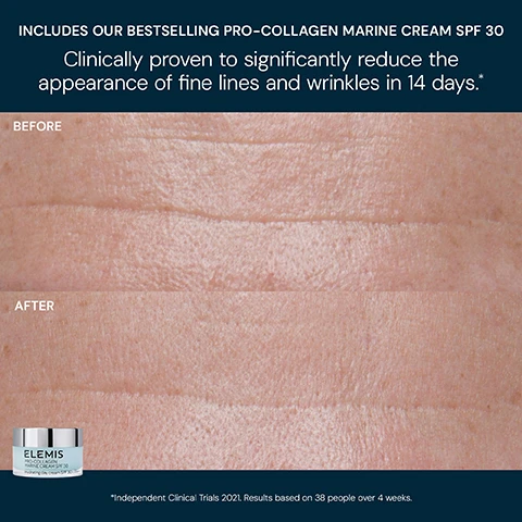 Image 5 - A split image shows a before-and-after comparison of skin, with the top section labeled BEFORE showing prominent fine lines and wrinkles, and the bottom section labeled AFTER showing smoother skin with visibly reduced lines, alongside a small jar of Elemis Pro-Collagen Marine Cream SPF 30 Hydrating day cream SPF 30 PA+++, with accompanying text reading: INCLUDES OUR BESTSELLING PRO-COLLAGEN MARINE CREAM SPF 30 Clinically proven to significantly reduce the appearance of fine lines and wrinkles in 14 days.* *Independent Clinical Trials 2021. Results based on 38 people over 4 weeks. Image 6 - Two open Elemis product jars, one yellow Pro-Collagen Cleansing Balm and one light blue Pro-Collagen Marine Cream SPF 30, against a dark blue background, with text that reads PRO-COLLAGEN CLEANSING BALM Clinically proven to remove long-wear & waterproof makeup* PRO-COLLAGEN MARINE CREAM SPF 30 Clinically proven to significantly reduce the appearance of fine lines and wrinkles in 14 days** ELEMIS PRO-COLLAGEN CLEANSING BALM Hydrating cleansing balm ELEMIS PRO-COLLAGEN MARINE CREAM SPF 30 Hydrating day cream SPF 30 PA+++ *Independent Clinical Trial 2025. **Independent Clinical Trials 2021. Results based on 38 people over 4 weeks. Image 7 - Two Elemis skincare jars are displayed, with a yellow Pro-Collagen Cleansing Balm on the left and a light blue Pro-Collagen Marine Cream SPF 30 on the right, accompanied by text that reads: STEP 1: CLEANSER, ELEMIS PRO-COLLAGEN CLEANSING BALM Hydrating cleansing balm, CLEANSE & NOURISH, HYDRATE & PROTECT, ELEMIS PRO-COLLAGEN MARINE CREAM SPF 30 Hydrating day cream SPF 30 UVA PA+++, STEP 2: MOISTURISER.