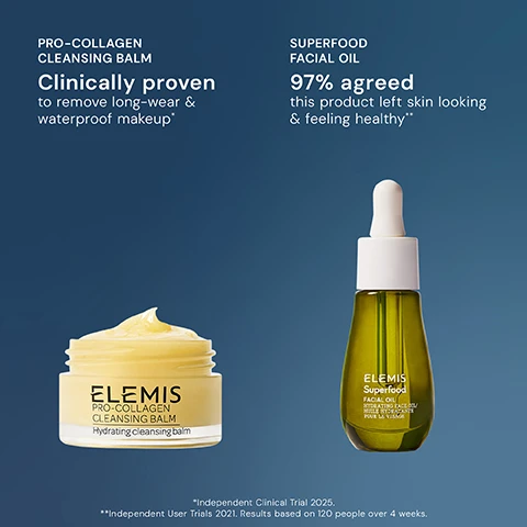 Image 5 - A jar of yellow cleansing balm with a dollop on top and a green dropper bottle of facial oil are displayed against a blue background, with marketing text that reads PRO-COLLAGEN CLEANSING BALM Clinically proven to remove long-wear & waterproof makeup and SUPERFOOD FACIAL OIL 97% agreed this product left skin looking & feeling healthy, the balm jar is labeled ELEMIS PRO-COLLAGEN CLEANSING BALM Hydrating cleansing balm, and the oil bottle is labeled ELEMIS Superfood FACIAL OIL HYDRATING FACE OIL/ HUILE HYDRATANTE POUR LE VISAGE, with disclaimers at the bottom stating *Independent Clinical Trial 2025 and **Independent User Trials 2021. Results based on 120 people over 4 weeks. Image 6 - A three-step Elemis skincare routine is displayed, beginning with Step 1: Cleanser, which is Elemis Pro-Collagen Cleansing Balm Hydrating cleansing balm for Cleanse & Nourish; followed by Step 2: Face Oil, Elemis Superfood Facial Oil Hydrating Face Oil / Huile Hydratante Pour Le Visage for Hydrate & Condition; and concluding with Step 3: Moisturiser, comprising Elemis Superfood Glow Priming Moisturiser Illuminating Moisturiser / Crème Hydratante Illuminatrice 20 ml e 0.6 US fl.oz. for (Morning) Prime & Illuminate, and Elemis Superfood Midnight Facial Nourishing Sleeping Cream / Crème De Nuit Nourrissante 15 ml e 0.5 US fl.oz. for (Evening) Hydrate & Replenish.