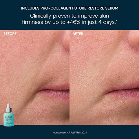 Image 5 - A split image shows a persons lower face before and after using a serum, with the left panel labeled BEFORE displaying skin with visible pores and lines, and the right panel labeled AFTER showing smoother skin with reduced lines, featuring a bottle of Elemis Pro-Collagen Future Restore Serum Advanced firming complex in the foreground, and accompanying text that reads INCLUDES PRO-COLLAGEN FUTURE RESTORE SERUM Clinically proven to improve skin firmness by up to +46% in just 4 days. *Independent Clinical Trials 2024. Image 6 - The image displays an open jar of yellow Elemis Pro-Collagen Cleansing Balm next to a blue-green Elemis Pro-Collagen Future Restore Serum dropper bottle on a dark blue background. Text on the left reads PRO-COLLAGEN CLEANSING BALM Clinically proven to remove long-wear & waterproof makeup*. The cleansing balm label reads ELEMIS PRO-COLLAGEN CLEANSING BALM Hydrating cleansing balm. Text on the right reads PRO-COLLAGEN FUTURE RESTORE SERUM Clinically proven to improve skin firmness up to +46% in just 4 days**. The serum bottle label reads ELEMIS PRO-COLLAGEN FUTURE RESTORE SERUM Advanced firming complex Complexe raffermissant avancé. Footnotes at the bottom state *Independent Clinical Trial 2025. **Independent Clinical Trials 2024, 30 people over 4 weeks. Image 7 - A skincare routine diagram on a dark blue background shows four steps using Elemis products: Step 1 First Cleanse with Elemis Pro-Collagen Cleansing Balm Hydrating cleansing balm to Invigorate & Revive; Step 2 Second Cleanse with Elemis Pro-Collagen Energising Marine Cleanser Skin energising cleanser Nettoyant énergisant pour la peau to Cleanse & Nourish; Step 3 Serum with Elemis Pro-Collagen Future Restore Serum Advanced firming complex Complexe raffermissant avancé to Firm & Illuminate; and Step 4 Moisturiser with Elemis Pro-Collagen Marine Cream Hydrating day cream for (Morning) Hydrate & Firm, and Elemis Pro-Collagen Night Cream Hydrating night cream for (Evening) Rejuvenate & Smooth.