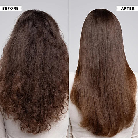 Image 1 - A split image shows a persons brown hair from the back, appearing frizzy and voluminous on the left and smooth and straight on the right, with the text BEFORE and AFTER. Image 2 - A hand holds a white Philip Kingsley hair product tube labeled Elasticizer Deep-Conditioning Treatment, which also reads Elasticizer, Adds elasticity and bounce, Apporte élasticité et tonicité, Traitement Revitalisant En Profondeur, 40ml 1.35 fl.oz, presented alongside marketing text that states Elasticizer Deep-Conditioning Treatment, Clinically Proven to reduce breakage after one use, The solution to Stronger, shiny hair, Leaves hair Instantly softer, nourished and healthier-looking, and a small disclaimer footnote: 46% reduction in breakage after one use - independent instrumental test. Image 3 - A hand holds a white tube of Philip Kingsley Body Building Weightless Shampoo, with text on the tube reading Volumises and adds fine, flat, flyaway hair, Apporte volume aux cheveux fins et plats, Shampooing Volumisant, 200ml 6.76 fl.oz, and a list to the right states Body Building Weightless Shampoo: Plumps and thickens the texture of fine strands, Controls flyaways and static, Gently yet thoroughly cleanses away oil, dirt and build-up. Image 4 - A hand holds a small white and light blue tube of hair serum, with visible text including PHILIP KINGSLEY STYLING, FRIZZ-FIGHTING GLOSS, SMOOTHING SERUM, SERUM LISSANT, 20ml 0.67 fl oz, FRIZZ-FIGHTING GLOSS SMOOTHING SERUM, Heat protection up to 190°C, Adds mirror-like shine for vibrancy, and Eliminates frizz for smooth, silky locks. Image 5 - A hand holds a small white and blue Philip Kingsley Styling Frizz-Fighting Gloss Smoothing Serum tube, next to text that reads: FRIZZ-FIGHTING GLOSS SMOOTHING SERUM, with listed benefits: Heat protection up to 190°C, Adds mirror-like shine for vibrancy, and Eliminates frizz for smooth, silky locks.