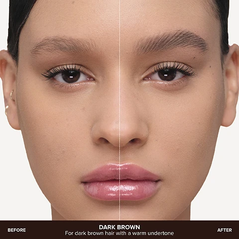 Image 2 - A womans face is split vertically, showing her natural, sparser eyebrows on the left before application and fuller, more defined eyebrows on the right after application, with text that reads Before, After, DARK BROWN, For dark brown hair with a warm undertone. Image 3 - A four-panel sequence shows a beauty tutorial for achieving fuller eyebrows, depicting a hand applying an eyebrow pen to create hair-like strokes, then blending with a spoolie brush, culminating in a polished, natural-looking brow; the instructional text includes: Shake before use. Start at the base of your brow and apply hair-like strokes in sparse areas. Continue adding hair-like strokes throughout the brow, working in the direction of hair growth. After every 5-6 strokes, let the ink dry, then blend using the spoolie brush. FINISHED LOOK. Image 4 - A 3x3 grid of nine close-up images displays different eyebrow makeup shades on various skin tones and eye colors, labeled Blonde, Taupe, Soft Brown, Caramel, Chocolate, Medium Brown, Dark Brown, Ebony, and Granite. Image 5 - A close-up shows a person with luminous skin and blue eyes applying an eyebrow pencil to their right eyebrow, with the text Model Wears | Chocolate. Image 6 - A close-up of two Anastasia Beverly Hills eyebrow pens, one capped with the AB crown logo and a gradient design, and the other uncapped revealing a fine tip with ANASTASIA written vertically on its side, beside text that reads MICRO-FINE BRUSH TIP CREATES REALISTIC, HAIR-LIKE STROKES, PERFECTLY BALANCED INK FLOW FOR EASY APPLICATION, and WATER-RESISTANT + LONG-WEARING UP TO 24 HOURS. Image 7 - An eyebrow pen is shown with close-ups of its micro-fine brush tip and spoolie brush, accompanied by text that reads: MICRO-FINE BRUSH TIP Creates natural-looking, hair-like strokes for a realistic effect with ultimate precision. 0.1MM TIP Ultra-thin and flexible for a smooth application without skipping. SPOOLIE BRUSH Built-in custom spoolie brush for easy blending with a seamless finish. Image 8 - The image displays a grid of six close-up views of different peoples eyes and eyebrows, illustrating various brow types, with the accompanying text Microstroke Brow Pen, Detail any brow type for a fuller-looking effect, Sparse Brows, Patchy Brows, Full Brow, Undefined Brows, Over-Tweezed Brows, Fine Brows. Image 9 - A close-up of a persons eye and eyebrow as a hand applies a black eyebrow pen to the eyebrow, with text reading ANASTASIA TIP Before use, shake the pen and draw on a flat surface to ensure the ink flows to the tip.