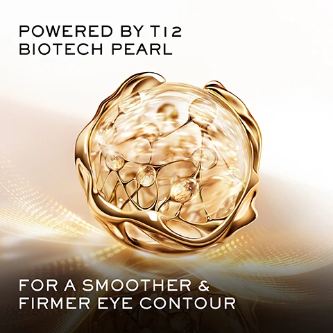 Image 1 - An abstract gold orb containing glowing pearls. Text reads POWERED BY TI2 BIOTECH PEARL FOR A SMOOTHER & FIRMER EYE CONTOUR. Image 2 - A jar of Lancome Absolue eye cream with a golden applicator tool is shown, featuring the text includes golden eye tool for smooth application and Lancome Absolue The Eye Cream. Image 3 - Close up of an eye area with a golden tool applying cream, reading DELAYS THE APPEARANCE OF WRINKLES. Image 4 - Image shows three Lancôme Absolue skincare products, a serum bottle, an eye cream jar with an applicator, and a moisturiser jar, with text that reads COMPLETE ABSOLUE ROUTINE A POWERFUL YOUTH ACTIVATING PROGRAM THAT HELPS RECOVER SKIN BARRIER, BOOST SKIN RADIANCE AND FIGHT SIGNS OF AGEING 1. SERUM HELPS ACCELERATE SKIN SURFACE CELL RENEWAL ABSOLUE THE SERUM 5ML 2. EYE CREAM DELAY APPEARANCE OF EYE WRINKLES ABSOLUE THE EYE CREAM 20ML 3. MOISTURISER OUR FIRST TOPICAL PDRN CREAM TO VISIBLY EXTEND SKINS YOUTH ABSOLUE LONGEVITY THE SOFT CREAM 15ML.
