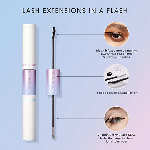 Image 1 - A Falsacara dual-ended lash product, with BOND and SEAL sections, is shown uncapped to display its two unique applicators, with circular insets demonstrating the priming and sealing steps on an eye, accompanied by the text Lash Extensions in a Flash, Biotin infused non-damaging BOND (0.15 oz.) primes & preps your lashes, 2-tipped brush-on applicator, and Vitamin E formulated SEAL locks the wisps in place for all-day wear. Image 2 - The image illustrates steps for applying and removing lash wisps, showing a close-up eye with a mascara wand applying product, then a blue tool placing wisps underneath lashes, and a white brush applying a seal, with accompanying text: HOW TO APPLY, 1. BRUSH ON BOND. 2. PLACE WISPS UNDERNEATH YOUR LASHES. 3. BRUSH ON SEAL. HOW TO REMOVE, SATURATE THE COTTON PAD WITH A REMOVER AND PLACE IT OVER YOUR EYES. HOLD FOR 10 SECONDS AND GENTLY WIPE AWAY TO REMOVE.