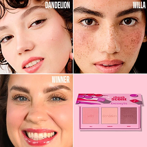 Image 2 - Four panels show different blush shades: the top left features a person with light peachy-pink blush with DANDELION text, the top right shows a person with freckles wearing light coral blush with WILLA text, the bottom left displays a smiling person with vibrant rose blush with WINNER text, and the bottom right shows a pink Benefit Cosmetics Cheek Score palette with three blush pans labeled willa light pink, dandelion light peach, and winner deep plum, with the text cheek SCORE benefit on its lid. Image 3 - Three rectangular swatches of crushed makeup powder are shown: a light pink powder labeled DANDELION, a rosy pink powder labeled WILLA, and a deep berry powder labeled WINNER. Image 4 - A close-up of a smiling person with curly brown hair, rosy cheeks, and pink lips, gently cupping their chin with both hands, looking up and to the right, Model Is Wearing Dandelion. Image 5 - A close-up portrait of a woman with dark brown eyes, a direct gaze, natural dark eyebrows, pink lips, and prominent freckles covering her cheeks and nose. Model is Wearing Willa. Image 6 - A pink Benefit Cheek Score palette displays three blush pans named Willa, Dandelion, and Winner, with the bottom right corner showing a pink starburst with the text Limited Edition Shade.
