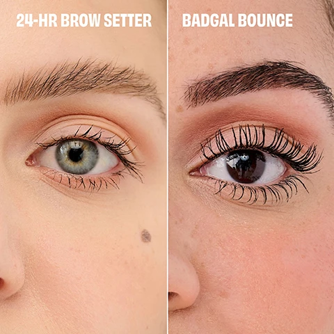 Image 2 - A split image compares two eyes: the left side shows a light-colored eye with a natural brow and subtle mascara, labeled 24-HR BROW SETTER; the right side features a dark-colored eye with a dramatically fuller brow and voluminous mascara, labeled BADGAL BOUNCE. Image 3 - The image displays two black mascara wands, a swirled dollop of clear white product, a thick black swatch of a product showing brush strokes, and the text 24-HR BROW SETTER and BADGAL BOUNCE. Image 4 - A black brow setter wand is displayed on a pink background, with a pink-bordered text box detailing: 24-HOUR BROW SETTER, Dual-sided wand lifts & locks brows in place, 24-hour* staying power, Quick dry & mess-free, *instrumental test on 21 participants. Image 5 - A young woman has a brow brush applied to her left eyebrow, showcasing her blue-green eye looking right, glossy pink lips, and the text Model is wearing 24 HR Brow Setter. Image 6 - Two black mascara wands are shown against a blue background, the top one with a fine-tooth comb that separates & defines, and the bottom one with flexible fiber bristles that evenly coat lashes, accompanied by text reporting 96% said lashes feel weightless*, 93% said lashes look fluffy*, and 95% said lashes look evenly separated*, with the asterisk noting *self-evaluation by 116 participants after 1 week. Image 7 - A woman applies mascara to her right eye, with text that reads BADGAL BOUNCE! MASCARA and +242% more volume!* *After 3 coats. Instrumental test on 30 participants.