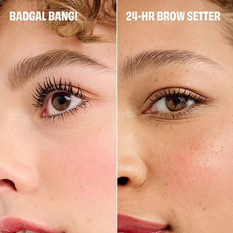 Image 11 - A pink game console-shaped gift tin for Benefit cosmetics sits on teal wavy platforms, alongside a black Benefit Badgal Bang! mascara with its brush, a silver Benefit 24-HR Brow Setter, and an open Benefit Hoola bronzer compact, with a pink starburst in the upper right, and visible text including Game Joy, benefit, full-size mascara, mini brow setter & mini bronzer, Keepsake Tin!, benefit BAD gal BANG!, benefit 24-HR BROW SETTER, and day is a hoola day HOOLA original. Image 2 - A split image shows a close-up of a persons face, with the left side featuring an eye with long, volumized eyelashes and the text BADGAL BANG!, while the right side displays an eye with natural, well-groomed eyebrows and the text 24-HR BROW SETTER. Image 3 - The image displays a smear of black mascara with its wand, a clear brow gel with its wand, and a pile of brown bronzer powder, with the text BADGAL BANG!, 24-HR BROW SETTER, and HOOLA. Image 4 - A close-up side profile of a woman with green eyes, long dark eyelashes, and pink lips, with blonde hair visible on the right, against a white background, Model is wearing Hoola Original. Image 5 - A black Benefit Badgal Bang! mascara tube and its wand are displayed against a pink starburst, with three connected text boxes highlighting its features: 360 REACH The custom Slimpact! brush reaches root-to-tip and corner-to-corner; LIGHTWEIGHT AERO-PARTICLES Derived from space technology (no, seriously), this wont weigh down lashes; and BUILDABLE VOLUME Each coat goes on smoothly, so you can layer away for bigger, BADDER impact. Image 6 - A close-up of a person with brown curly hair, brown eyes with long dark lashes, rosy cheeks, pink lips, and gold hoop earrings, with text Model is wearing BADgalBang! Image 7 - A black mascara wand is shown on a pink background next to a box listing features: 24-HOUR BROW SETTER, Dual-sided wand lifts & locks brows in place, 24-hour* staying power, Quick dry & mess-free, *instrumental test on 21 participants. Image 8 - A close-up shows a woman with pink lip gloss and a star earring, applying brow setter to her left eyebrow with a brush, and the visible text reads Model is wearing 24 HR Brow Setter. Image 9 - A collection of Benefit Cosmetics products includes an open pink compact of Hoola bronzer powder labeled day is a hoola day, benefit, HOOLA, original, and TRAVEL SIZE, a black Benefit BAD gal BANG! mascara with its brush out labeled FULL-SIZE, and a silver Benefit 24-HR Brow Setter tube labeled TRAVEL SIZE.