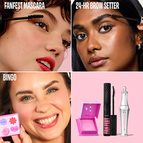 Image 11 - A Benefit Cosmetics red gift box with a pink and blue bingo card design, a silver 24-HR BROW SETTER, a black FAN FEST mascara, and an open pink compact are arranged on a pink and red polka-dotted surface; the gift box text reads BENE BINGO, LIMITED EDITION - ÉDITION LIMITÉE, full-size mascara & brow setting gel and mini limited-edition blush, mascara et gel fixateur sourcils format standard et mini blush en édition limitée, bf, and COMES WITH TOTE BAG! TOTE BAG OFFERT!, while the compact has bingo embossed, and a starburst in the top right corner says FREE TOTE BAG! Image 2 - The image shows a four-panel grid featuring cosmetic products: a person with light skin applying mascara, a person with dark skin applying brow gel, a smiling person holding a pink makeup compact, and a flat lay display of an open pink compact, a black mascara tube, and a silver brow setter tube against a pink background, with visible text including FANFEST MASCARA, 24-HR BROW SETTER, BINGO, benefit, 2.5g Net wt. 0.08oz, and FAN FEST. Image 3 - Two black makeup brushes, one with a thick black swipe of product and another with a clear liquid drop, alongside a pile of glittery pink powder, with text reading FAN FEST, 24-HR BROW SETTER, and BINGO. Image 4 - A close-up image shows a woman with freckles wearing coral-pink lipstick and black mascara on her long lashes, with a black Benefit mascara tube visible at the top right, and overlay text MODEL WEARS FAN FEST MASCARA SHADE | BLACK. Image 5 - Close-up of a woman applying black mascara to her long eyelashes, with bright red lipstick and a soft pink background, featuring text that reads FAN FEST MASCARA, FAN OUT LASHES SIDE-TO-SIDE, AMPLIFY VOLUME, MULTIPLY THE LOOK OF LASHES. Image 6 - A close-up of a woman applying clear brow gel to her right eyebrow with a wand, featuring her glossy red-pink lips and a silver star earring; the text on the image states Model is wearing 24 HR Brow Setter. Image 7 - A black mascara wand is shown on a pink background next to a pink box listing product features: 24-HOUR BROW SETTER, Dual-sided wand lifts & locks brows in place, 24-hour* staying power, Quick dry & mess-free, *instrumental test on 21 participants. Image 8 - The image shows three Benefit Cosmetics products: an open pink box containing light pink blush printed with benefit and bingo, next to a pink starburst sticker reading LIMITED EDITION; a black mascara tube with the brush extended, printed with benefit FAN FEST! and a pink starburst sticker reading FULL-SIZE; and a silver brow gel tube printed with benefit 24-HR BROW SETTER and a pink starburst sticker reading FULL-SIZE. Image 9 - A pink reusable tote bag with a pattern of red, light pink, and purple hearts, diamonds, flowers, and starbursts on a grid, with a pink starburst graphic in the top left corner stating FREE TOTE BAG!