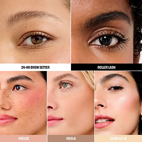 Image 10 - A bright pink quilted bag with wavy embroidered stitching and a red Benefit tag is shown, with a pink starburst graphic in the top left stating FREE BEAUTY BAG!. Image 11 - Five Benefit Cosmetics products are displayed, including a pink and orange Glow-la-la highlighter compact, a cream and pink Shellie blush compact, a dark pink Hoola original bronzer compact, a silver 24-HR Brow Setter tube, and a black and pink Roller Lash mascara tube, with the following text visible: FULL-SIZE, glow-la-la, benefit, TRAVEL SIZE, MINI, shellie, 2.5g Net wt. 0.08oz, HOOLA original, benefit, 24-HR BROW SETTER, Roller Lash. Image 2 - A collage of six close-up images showing different makeup products on models: the top two images feature eyes with groomed brows and mascara, labeled 24-HR BROW SETTER and ROLLER LASH, while the bottom three images feature cheeks and lips with blush and lip products, labeled SHELLIE, HOOLA, and GLOW-LA-LA. Image 3 - A flat lay displays five beauty products including a black mascara wand with a swipe of product, a clear brow gel wand with a drop of product, a pile of pink powder, a pile of shimmering gold powder, and a pile of brown powder, with text reading ROLLER LASH, 24-HR BROW SETTER, SHELLIE, GLOW-LA LA, and HOOLA. Image 4 - A vibrant pink background features a circular makeup compact with a purple-to-orange gradient lid, inscribed with glow-la-la and benefit, next to a pile of sparkling gold highlighter powder, with text that reads ALL ABOUT THE GLOW, High sheen, glass-like finish, Soft-silk feel, creamy texture, Effortlessly blends for a true-to-skin highlight. Image 5 - A close-up of an eye with a mascara wand applying product to the upper lashes, which appear long, separated, and curled, with an arrow pointing from text to the brush. Text on the image reads: ROLLER LASH MASCARA HOOK N ROLL BRUSH Hooks, separates & extends for super curled lashes. Image 6 - A black mascara wand is on the left of a pink background, with a rounded black and pink outlined box containing bullet points: 24-HOUR BROW SETTER. Dual-sided wand lifts & locks brows in place. 24-hour* staying power. Quick dry & mess-free. *instrumental test on 21 participants. Image 7 - A close-up shows a person with dark curly hair, dark eyes, full eyebrows, and glossy pink lipstick, wearing small gold hoop and stud earrings, with the visible text Model is wearing shade Luna. Image 8 - A close-up of a person with freckles and brown eyes, wearing pink blush on her cheeks and glossy pink lipstick, with a gold stud earring, and text that reads MODEL WEARS SHELLIE BLUSH. Image 9 - A close-up side profile of a woman with long blonde hair, green eyes, and pink lipstick, looking upwards, Model is wearing Hoola Original.