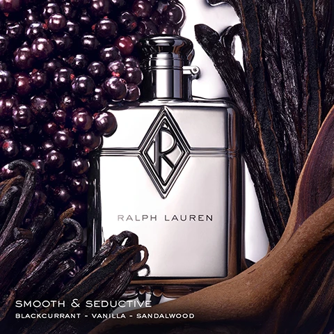 Image 1 - A silver perfume bottle featuring an RL monogram inside a diamond shape, surrounded by dark purple blackcurrants, vanilla beans, and sandalwood pieces, with the text RALPH LAUREN, SMOOTH & SEDUCTIVE, BLACKCURRANT - VANILLA - SANDALWOOD. Image 2 - Two silver, square perfume bottles are shown, a smaller one on the left and a larger one on the right, both featuring a diamond emblem with the letter R and the text Ralph Lauren on their fronts, with the text 60ML visible below the left bottle and 110ML visible below the right bottle. Image 3 - A man identified as Usher, wearing a white shirt, sits in a chair with a city skyline at night in the background, next to a silver perfume bottle, with the visible text Ralph Lauren, Ralph Lauren on the bottle, Ralphs Club New York, Success Starts With a Dream, The New Fragrance, and Usher.