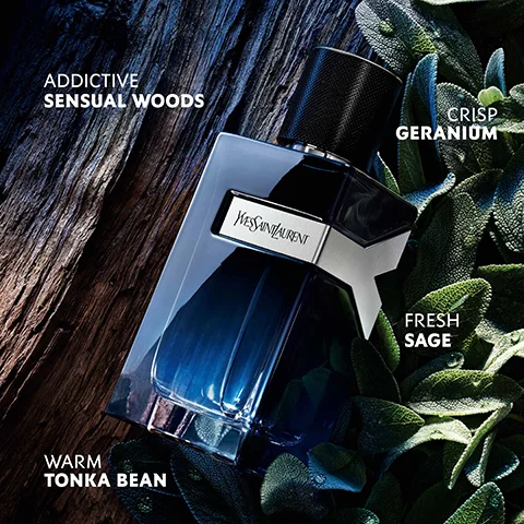 A dark blue YSL perfume bottle with a silver Y-shaped cutout lies on a dark wooden surface surrounded by green sage leaves, with text describing fragrance notes: YVES SAINT LAURENT, ADDICTIVE SENSUAL WOODS, CRISP GERANIUM, FRESH SAGE, WARM TONKA BEAN.