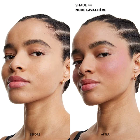 A split image shows a womans face with a natural complexion on the left and with rosy blush applied to her cheeks on the right, with visible text including SHADE 44 NUDE LAVALLIÈRE, BEFORE, and AFTER.