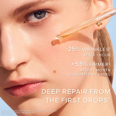 Image 1 - A close-up image of a persons face shows a dropper dispensing skincare serum onto the cheek, accompanied by the text: -25% WRINKLES¹ AFTER 1 HOUR +53% FIRMER² AFTER 1 MONTH EVALUATED BY PANEL DEEP REPAIR FROM THE FIRST DROPS³ ¹Instrumental test measurement of the length of wrinkles, 31 women, after 1 application. ²Self-scoring test, 60 women, 2 applications per day. ³In vitro test. Image 2 - Four-panel image showing before and after skin texture improvement for a woman and a man over 7 days, with magnified skin views, and text that reads: BEFORE, AFTER 7 DAYS, BEFORE, AFTER 7 DAYS, Untouched skin under supervision of a bailiff. Application twice a day under normal conditions of use, result may vary from one individual to another. Image 3 - The image features a bottle of Guerlain Abeille Royale Serum Huile-en-Eau Jeunesse Youth Watery Oil Serum by Guerlain Paris positioned in front of three honey-filled hexagonal honeycomb shapes, with overlaying text that reads Repairing Black Bee Honeys with Proven Biological Activity, Trøgstad Honey Norway Helps to stimulate an anti-ageing marker of repair by 87%¹, Ouessant Honey France Participates to the production of a skin renewal marker by 50%¹, Connemara Honey Ireland Contributes to the increase of hyaluronic acid production by 96%¹, and a small footnote at the bottom left reads ¹In vitro test on ingredient. Image 4 - A golden image depicts a bee emblem on a honeycomb structure covered in a viscous, golden liquid, with text reading Abeille Royale, 15 Years of Research, 9 Patents - 9 Publications, 3 Black Bee Honeys Selected From 300 Honey Samples Analyzed, New Patent Filed, Patent filed. n° FR2411804. Image 5 - A close-up of a golden cosmetic serum bottle with a dropper and visible oil droplets is set against a shimmering golden honeycomb pattern background, featuring the text ABEILLE ROYALE, SÉRUM HUILE-EN-EAU JEUNESSE, YOUTH WATERY OIL SERUM, and at the bottom PROVEN DEEP DIFFUSION TEXTURE¹ In the epidermis. Image 6 - A lineup of Guerlain Abeille Royale skincare products in gold and amber bottles and jars, with a beaker of yellow liquid partially visible on the left, illustrates a four-step routine with the text CORRECT SIGNS OF AGEING WITH THE FULL ROUTINE, 1. PREPARE FORTIFYING LOTION, 2. ACTIVATE YOUTH WATERY OIL SERUM, 3. TARGET DOUBLE R ADVANCED SERUM, 4. TREAT HONEY TREATMENT CREAMS. Image 7 - A science flask with golden liquid stands beside two golden Guerlain Abeille Royale serum bottles; the left dropper bottle is labeled YOUTH WATERY OIL SERUM by GUERLAIN PARIS and is associated with YOUTH REPAIR WRINKLES, PLUMP, RADIANCE; the right pump bottle features a bee on top and is labeled DOUBLE R RENEW & REPAIR ADVANCED SERUM by GUERLAIN, and is associated with DOUBLE ANTI-AGEING CORRECTION PEELING & LIFTING EFFECTS. Image 8 - A beekeeper in a white suit with Guerlain on the back stands on a flower-covered rocky coast with a beehive marked Guerlain nearby, looking out at the ocean under a bright sky, with the text Since 2011, Guerlain has been a patron of the Association of the Ouessant Island Brittany Black Bee Conservatory (ACANB), supporting bee protection and scientific research displayed above.