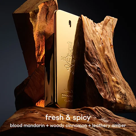 A gold bar shaped perfume bottle is surrounded by rustic pieces of wood, with the text 1 Million 100ml Paco Rabanne visible on the bottle and fresh & spicy blood mandarin + woody cinnamon + leathery amber appearing as an overlay.