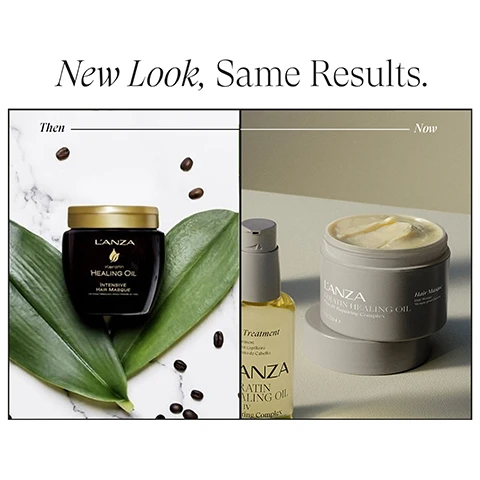 Image 1 - The image compares old and new LANZA hair product packaging, with the text New Look, Same Results; the left side, labeled Then, shows a dark jar of LANZA Keratin Healing Oil Intensive Hair Masque on a marble background with leaves and coffee beans, while the right side, labeled Now, features a yellow pump bottle of LANZA Keratin Healing Oil Treatment and an open gray jar of LANZA Keratin Healing Oil Hair Masque on a beige background. Image 2 - A split image shows long, brown hair before and after a treatment, with the left side showing straighter, flatter hair and the right side showing wavier, more voluminous hair, labeled BEFORE and AFTER respectively.