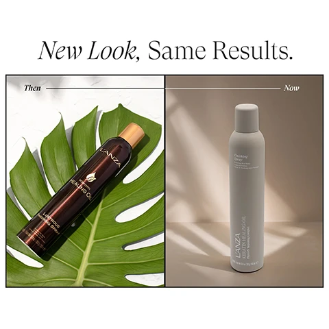 Image 1 - A split image shows an old dark brown bottle of LANZA Keratin Healing Oil Lustrous Finishing Spray on a green leaf labeled Then, and a new light grey bottle of LANZA Keratin Healing Oil Finishing Spray with Phyto IV Complex on a plain background labeled Now, with the text New Look, Same Results. Image 2 - A split image shows a woman with long, straight, light blonde hair on the left labeled BEFORE, and the same woman with voluminous, wavy, golden blonde hair on the right labeled AFTER.
