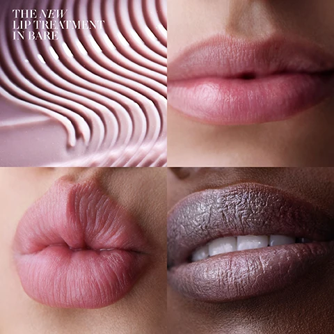 Image 11 - A clear, spherical droplet containing many sparkling golden particles against a dark background, with text reading The New Restorative Ferment Works To Protect Lips Moisture Barrier, Dynamic Pigment Technology Creates harmonious color to reveal a smooth, even finish, and Miracle Broth™ Cell-renewing elixir floods skin with energy. Image 3 - A four-panel image features a close-up of a wavy pink-purple textured surface and three different pairs of lips in shades of pink, nude, and plum, with the text The New Lip Treatment in Bare. Image 4 - A sleek silver lipstick tube with a reddish-pink lipstick extended and the brand name LA MER embossed on its side, accompanied by text that reads 36% IMPROVEMENT IN LIP BARRIER OVER TIME* and *Clinical testing on 30 women after using product for 6 weeks. Image 5 - A close-up of a persons face from the eyes to the lips, featuring a subtle pink lip treatment, with the text The New Lip Treatment in Bare. Image 6 - Three arms of varying skin tones, including fair and dark, display four swatches of a cosmetic product each, corresponding to shades 1 Bare, 2 Rose, 3 Cocoa, and 4 Honey. Image 7 - A close-up of a person holding a rose-gold lipstick tube with a reddish-brown lipstick and puckering their lips, with visible text that reads 1 Apply directly onto lips as needed throughout the day, LA MER, and 2 Layer under The Lip Volumizer for a voluminous glow that plumps, hydrates and defines lips. Image 8 - A collection of La Mer skincare products including a tall yellow oil bottle, a pink lip gloss tube, a nude pink lipstick in a rose gold case, and a white cream jar, all displayed on a reflective surface against a blue background, with the text Glow Getters Regimen, Featuring The NEW Lip Treatment in Rose, La Mer, The Renewal Oil, LHuile Régénérante, The Moisturizing Soft Cream, and La Crème Soyeuse Régénération Intense. Image 9 - Four La Mer lip treatment sticks in sleek silver and clear tubes stand on a reflective surface, showcasing shades named Rose, Bare, Honey, and Cocoa, accompanied by the text The New Lip Treatment and From Bold to Bare. These Lips Are La Mer.