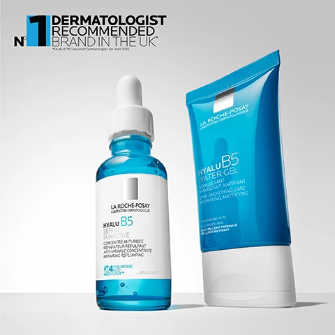 Image 1 - The image shows a blue La Roche-Posay Hyalu B5 serum bottle with a white dropper cap and a blue Hyalu B5 Water Gel tube with a white cap on a white background, featuring a top left badge that reads N°1 DERMATOLOGIST RECOMMENDED BRAND IN THE UK *Study of 76 Consultant Dermatologists Jan-April 2024, while the serum bottle displays LA ROCHE-POSAY LABORATOIRE DERMATOLOGIQUE HYALU B5 SERUM SURACTIVÉ CONCENTRÉ ANTI-RIDES RÉPARATEUR REPULPANT ANTI-WRINKLE CONCENTRATE REPAIRING REPLUMPING 4 HYALURONIC SYSTEM + VITAMINE B5, and the water gel tube shows LA ROCHE-POSAY LABORATOIRE DERMATOLOGIQUE HYALU B5 WATER GEL SOIN LISSANT HYDRATANT MATIFIANT LINE-SMOOTHING CARE HYDRATING MATTIFYING AVEC DE LEAU THERMALE DE LA ROCHE-POSAY. Image 10 - A white background image showing the La Roche-Posay Laboratoire Dermatologique logo at the top, followed by four blue icons with text descriptions: a doctor icon with RECOMMENDED BY DERMATOLOGISTS, a face icon with SUITABLE FOR SENSITIVE SKIN, a crossed-out liquid drop icon with ALCOHOL FREE, and a crossed-out skin texture icon with NON-COMEDOGENIC. Image 2 - A bright blue tube of La Roche-Posay Hyalu B5 Water Gel stands on a light blue, wavy surface, with visible text reading HYALU B5 WATER GEL HYDRATING. MATTIFYING. and on the tube LA ROCHE-POSAY LABORATOIRE DERMATOLOGIQUE HYALU B5 WATER GEL SOIN LISSANT HYDRATANT. MATIFIANT LINE-SMOOTHING CARE HYDRATING. MATTIFYING. HYALURONIC ACID VITAMIN B5. BHA AVEC DE LEAU THERMALE DE LA ROCHE-POSAY. Image 3 - Three vertical panels display abstract blue and green textures, illustrating skincare ingredients and their benefits: HYALURONIC ACID PROTECT SKIN BARRIER AND RETAIN SKIN MOISTURE VITAMIN B5 HELPS TO REPAIR AND PROTECT THE SKIN BARRIER SALICYLIC ACID SKIN REFINING ACID, REDUCES EXCESS SEBUM AND REFINES PORES. Image 4 - A close-up of a persons face, showing an eye and cheek with a finger touching a clear gel substance on the skin, accompanied by text overlays that read: WATER-GEL TEXTURE, INTENSE HYDRATION 72H, REPAIR & STRENGTHEN SKIN BARRIER. Image 5 - A blue and white tube of La Roche-Posay Hyalu B5 Water Gel stands upright on a light blue gel, next to the visible text 78% AGREE SKIN FEELS REFRESHED* AFTER 1ST USE, 69% AGREE PORES APPEAR REDUCED* AFTER 7 DAYS, 71% AGREE FINE LINES LOOK REDUCED* AFTER 1 MONTH, with product details LA ROCHE-POSAY LABORATOIRE DERMATOLOGIQUE HYALU B5 WATER GEL SOIN LISSANT HYDRATANT. MATIFIANT. LINE-SMOOTHING CARE. HYDRATING. MATTIFYING. HYALURONIC ACID. VITAMIN B5. LA ROCHE-POSAY DE LEAU THERMALE, and a small disclaimer *Self Assessment, 105 subjects. Image 6 - The image displays three La Roche-Posay Hyalu B5 skincare products, labeled 1, 2, and 3: Hyalu B5 Suractivated Serum, Hyalu B5 Water Gel, and Hyalu B5 Eye Serum. Image 7 - Close-up of a blue and white product container with a dollop of light blue gel beneath it, next to the text Apply on face & neck in the morning & evening. Image 8 - The image shows a white and blue tube of La Roche-Posay Hyalu B5 Water Gel next to its white packaging box, displaying text including LA ROCHE-POSAY LABORATOIRE DERMATOLOGIQUE, FINE LINES. DULL SKIN DEHYDRATED SKIN, HYALU B5 WATER GEL, LINE-SMOOTHING HYDRATING. MATTIFYING, HYALURONIC ACID VITAMIN B5. BHA, TESTED ON SENSITIVE SKIN WITH LA ROCHE-POSAY THERMAL SPRING WATER, 40 ml, Made in France, and on the side panel, INNOVATION, WATER GEL CUIDADO SUAVIZANTE E HIDRATANTE. MATIFICANTE, WATER GEL GLÄTTENDE PFLEGE, FEUCHTIGKEITSSPENDEND, MATTIEREND, 2039114 07 - INGREDIENTS: AQUA / WATER / EAU and other chemicals, and a barcode with the number 3 337875 920728. Image 9 - A blue tube of La Roche-Posay Hyalu B5 Water Gel is displayed against a background featuring various skin tones, with text reading HYALU B5 WATER GEL, SUITABLE FOR ALL SKIN TYPES, LA ROCHE-POSAY LABORATOIRE DERMATOLOGIQUE, SOIN LISSANT HYDRATANT. MATIFIANT, LINE-SMOOTHING CARE HYDRATING. MATTIFYING, HYALURONIC ACID, VITAMIN B5. BHA. AVEC DE LEAU THERMALE DE LA ROCHE-POSAY.