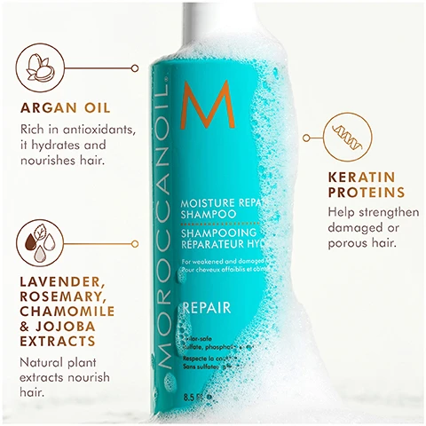 Image 1 - A turquoise Moroccanoil Moisture Repair Shampoo bottle, partially covered in white foam, is displayed with text details: MOROCCANOIL, M, MOISTURE REPAIR SHAMPOO, SHAMPOOING RÉPARATEUR HYD, For weakened and damaged, Pour cheveux affaiblis et abîmés, REPAIR, Color-safe, Sulfate, phosphate, Respecte la co, Sans sulfate, 8.5 FL.OZ. 250 ML; additional descriptive text boxes highlight ARGAN OIL Rich in antioxidants, it hydrates and nourishes hair; LAVENDER, ROSEMARY, CHAMOMILE & JOJOBA EXTRACTS Natural plant extracts nourish hair; and KERATIN PROTEINS Help strengthen damaged or porous hair. Image 2 - The image shows a white Moroccanoil conditioner bottle with light cream product flowing down its side, displaying the visible text MOROCCANOIL, M, MOISTURE REPAIR CONDITIONER, APRÈS-SHAMPOO RÉPARATEUR HYDRATANT, For weakened and damaged hair, Pour cheveux affaiblis et abîmés, REPAIR, Color-safe, Sulfate, phosphate, paraben-free, Respecte la couleur, Sans sulfates, phosphates ni parabènes, 8.5 FL.OZ. / 250 ML, alongside ingredient callouts reading ARGAN OIL Rich in antioxidants, it hydrates and nourishes hair; LAVENDER, ROSEMARY, CHAMOMILE & JOJOBA EXTRACTS Natural plant extracts nourish hair; and KERATIN PROTEINS Help strengthen damaged or porous hair. Image 3 - A tilted Moroccanoil Treatment Mist Ultra-Light bottle is shown reflecting on a surface, with text on the bottle reading Moroccanoil M Moroccanoil Treatment Mist For all hair types Traitement Moroccanoil Brume Pour tous les types de cheveux Ultra-Light, next to two descriptions: Argan Oil Rich in antioxidants and essential fatty acids to help hydrate and soften hair, and Linseed Extract A good source of alpha-linolenic acid, which helps improve hair health. Image 4 - A woman in a peach dress holds up an amber spray bottle of Moroccanoil Treatment Mist, with a blonde woman in a yellow dress in the background against a blue sky, and text on the image reads INCREASES SHINE BY up to 141%* *Based on an independent lab study. Results may vary. and on the bottle MOROCCANOIL MOROCCANOIL TREATMENT MIST For all hair types TRAITEMENT MOROCCANOIL BRUME Pour tous types de cheveux ULTRA-LIGHT. Image 5 - Two side-by-side images show a womans dark hair before and after treatment, appearing frizzy and undefined on the left and smooth with soft waves on the right, with the labels Before and After.