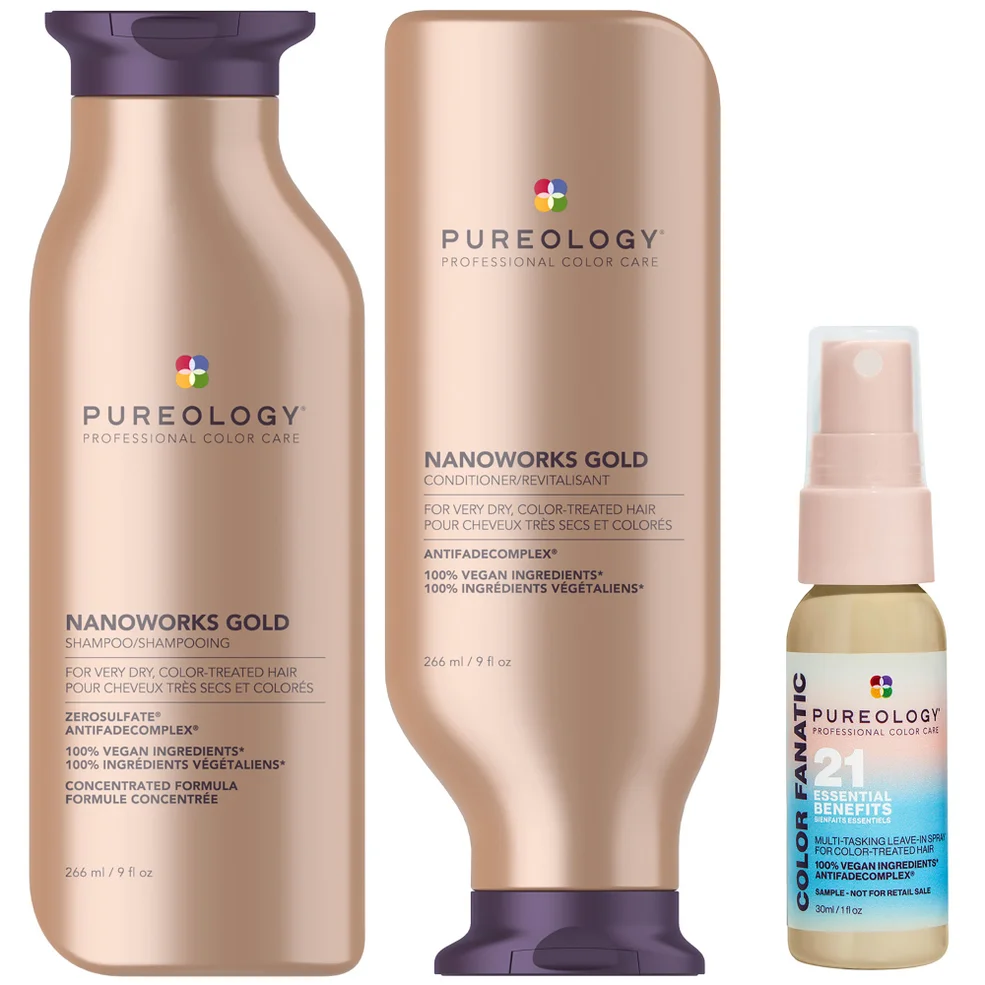 Pureology Nanoworks Gold Shampoo, Conditioner and Color Fanatic Mini Routine for Dry, Coloured Hair Image 1