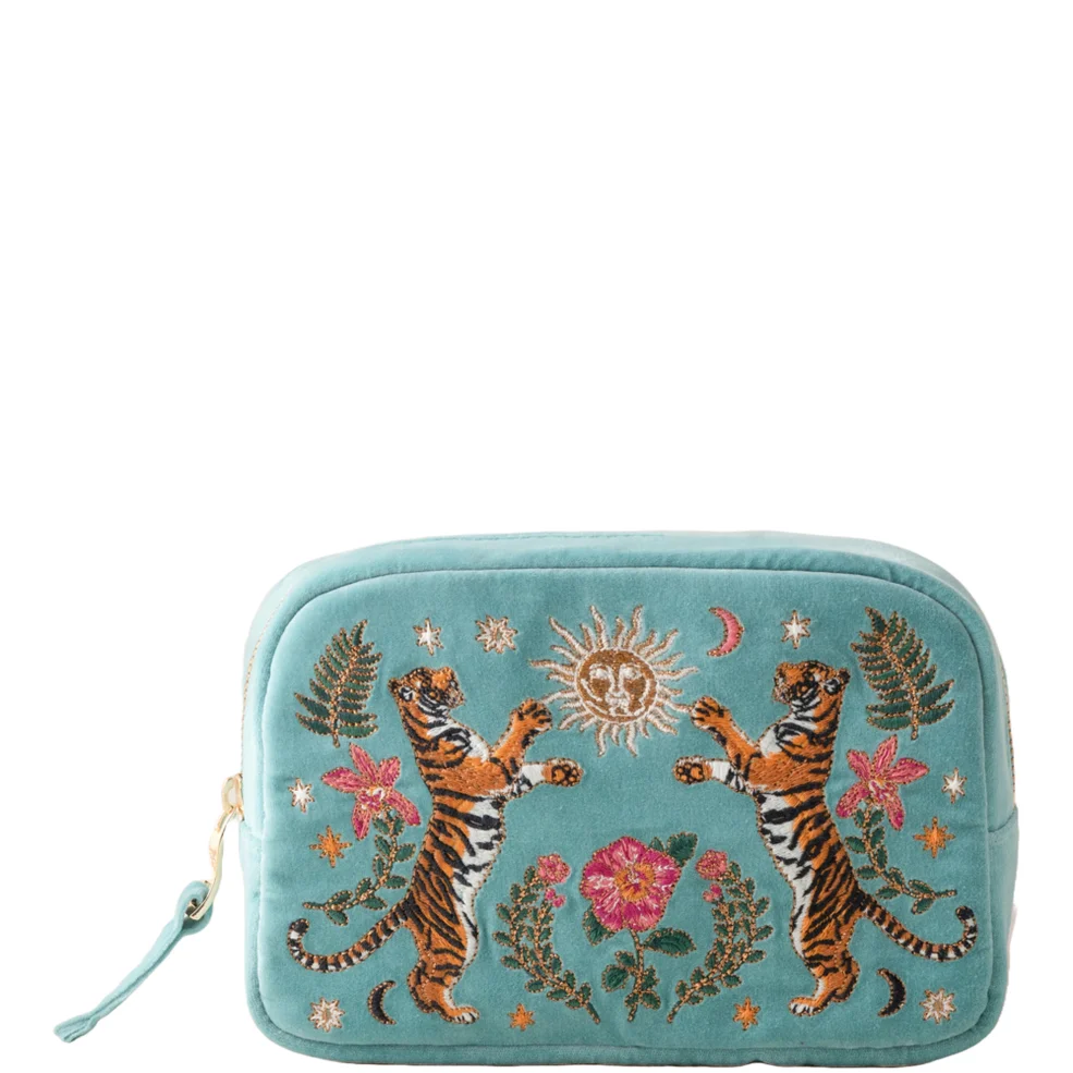 Elizabeth Scarlett Celestial Tigers Velvet Makeup Bag - Dusky Teal Image 1